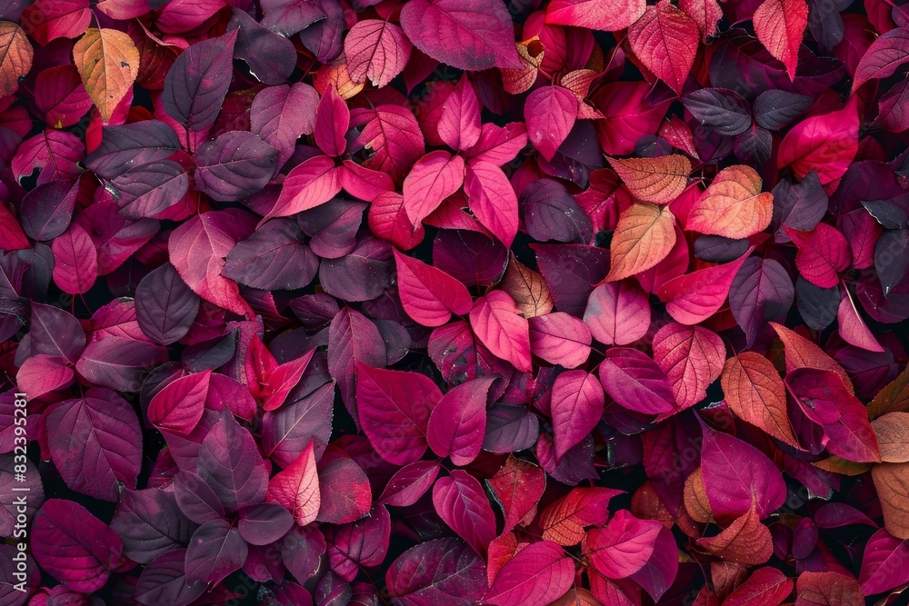 A beautiful exhibition of fall foliage in reds, pinks, and purples, thickly clustered in a complete composition A beautiful exhibition of fall foliage in reds, pinks, and purples, thickly clustered in a complete composition