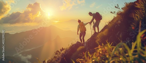 Two people helping each other hike up a mountain, Giving helping hand and teamwork concept. Travel