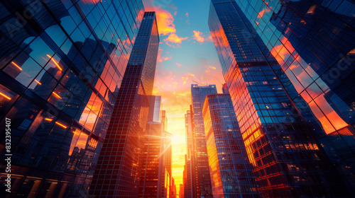 Dramatic view of modern skyscrapers reflecting the vibrant colors of the sunset  highlighting urban architecture and city life.