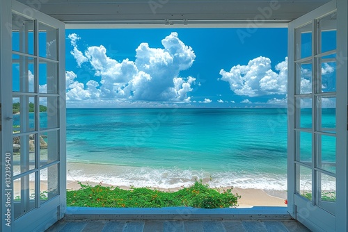 A picturesque view of a turquoise sea and sky seen from an open window, with clouds © familymedia