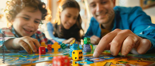 Happy family playing a colorful board game together, smiling and enjoying quality time. Focus on dice and game pieces.