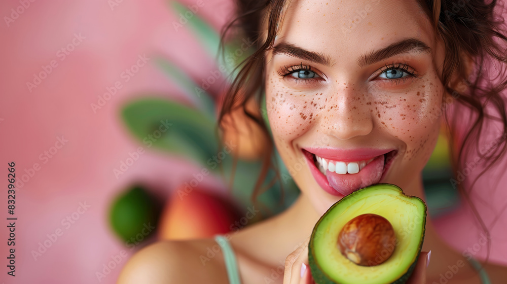 Pop art. Winking woman get beauty treatments, holding an avocado. Optimistic smiling girl getting spa procedure isolated on pink background. Comic Style Pop art. Winking woman get beauty treatments, holding an avocado. Optimistic smiling girl getting spa procedure isolated on pink background. Comic Style
