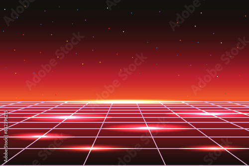 Pixel art background.8 bit game. retro game. for game assets in vector illustrations. Retro Futurism Sci-Fi Background. glowing neon grid. and stars from vintage arcade comp