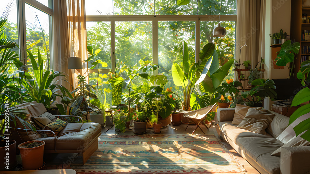A large room with a lot of plants and a couch A large room with a lot of plants and a couch