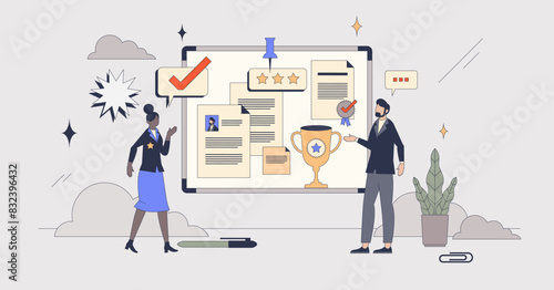 Talent management and best candidate for job tiny person neubrutalism concept. Search professional employee with high skill vector illustration. HR or human resources work to find good personnel.