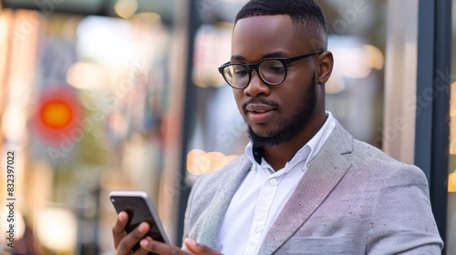 A man wearing a suit and glasses is looking at his cell phone