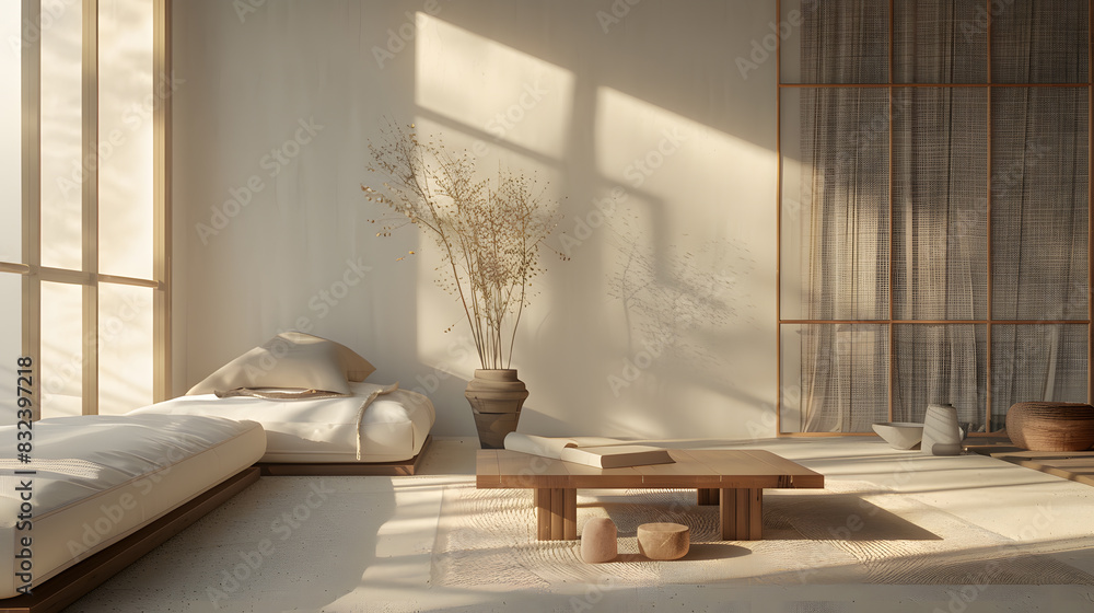 A minimalist living room with a white bed, a wooden coffee table A minimalist living room with a white bed, a wooden coffee table