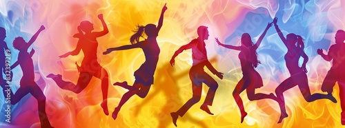 An energetic, dance-themed background with silhouettes of dancers in motion.