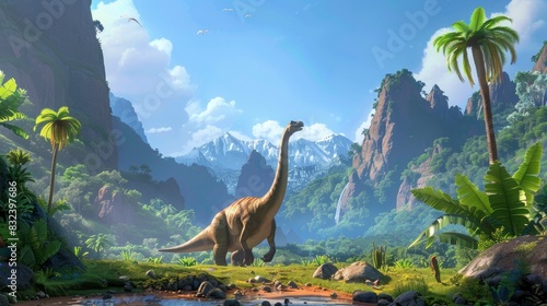 Fototapeta Naklejka Na Ścianę i Meble -  a dinosaur standing in a jungle on sunny day with mountains in the background