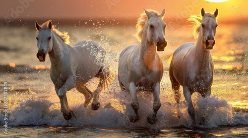 Some white horses running on the beach  sunset  water splashes