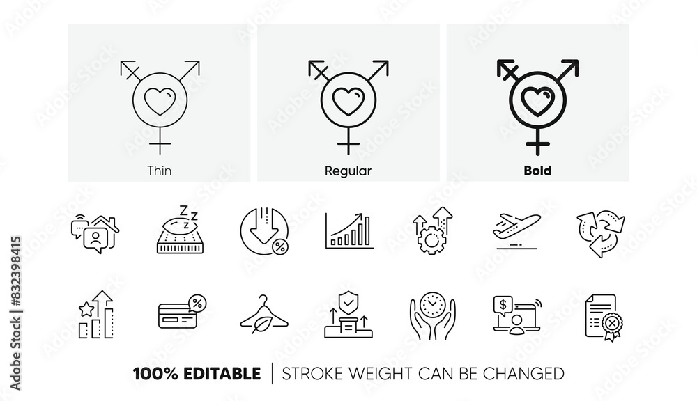 Genders, Mattress and Recycle line icons. Pack of Security agency, Work home, Reject certificate icon. Loan percent, Slow fashion, Safe time pictogram. Graph chart, Ranking stars, Seo gear. Vector Genders, Mattress and Recycle line icons. Pack of Security agency, Work home, Reject certificate icon. Loan percent, Slow fashion, Safe time pictogram. Graph chart, Ranking stars, Seo gear. Vector