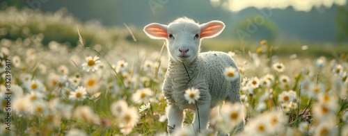 Sheep standing in field of flowers