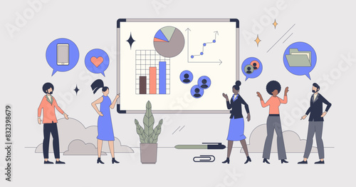 Personal development and self growth tiny person neubrutalism concept. Profit statistics with improvement in sales and employee accomplishments vector illustration. Objective success and achievement.