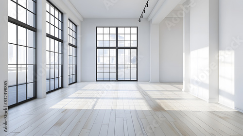 A large, empty room with white walls and wooden floors