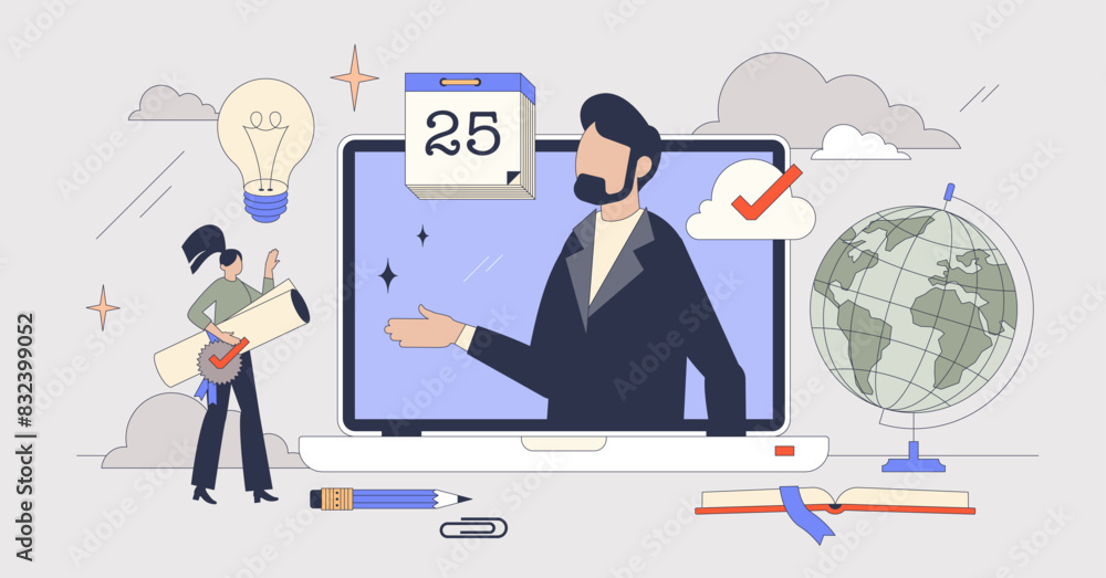 Online courses and distant e-learning course tiny person neubrutalism concept. Web platform with internet education for effective knowledge and personal development vector illustration. Video meeting