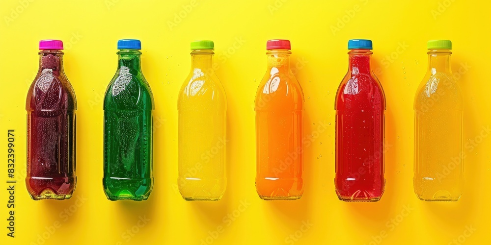 Colorful juice bottles arranged on a yellow background Colorful juice bottles arranged on a yellow background