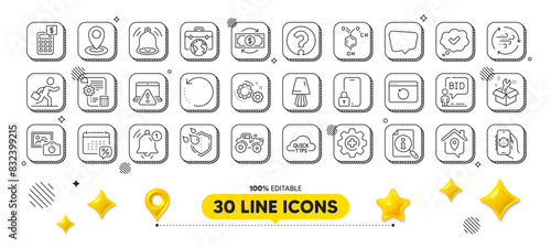 Location, Quick tips and Recovery internet line icons pack. 3d design elements. Spanner, Recovery data, Chemical formula web icon. Settings blueprint, Search, Waterproof pictogram. Vector