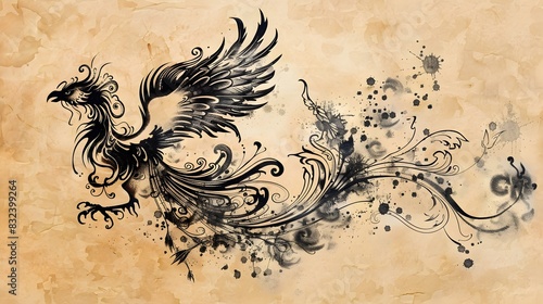 Fiery Mythical Phoenix Soaring in Swirling Celestial Design