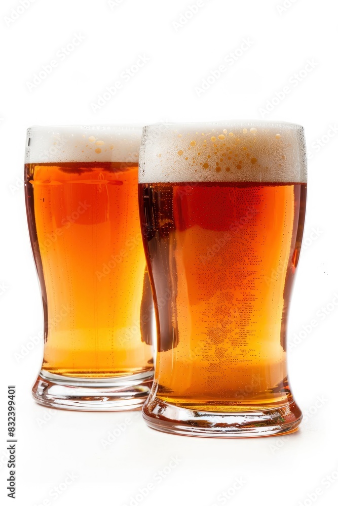 Two glasses of beer with foam on white background Two glasses of beer with foam on white background
