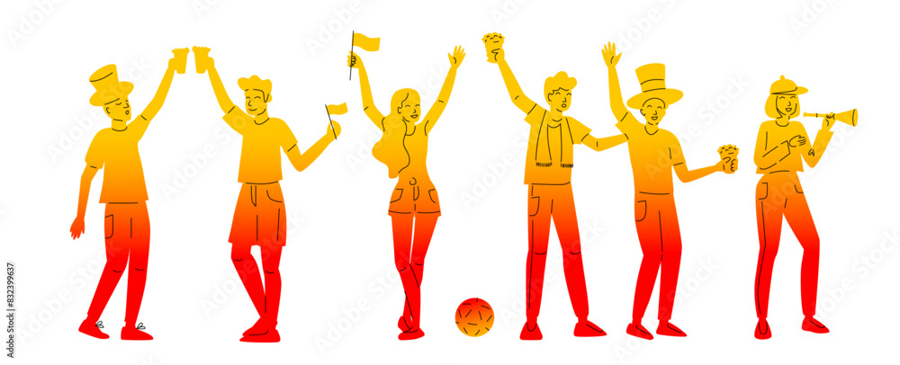 Football fans celebrating with drinks and flags. Silhouette illustration in gradient yellow and red colors. Sports event and celebration concept. Football fans celebrating with drinks and flags. Silhouette illustration in gradient yellow and red colors. Sports event and celebration concept.