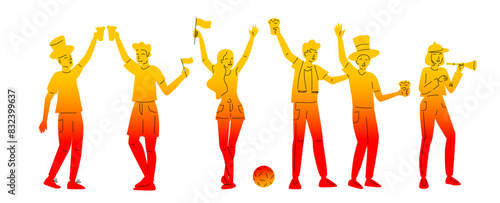 Football fans celebrating with drinks and flags. Silhouette illustration in gradient yellow and red colors. Sports event and celebration concept. 