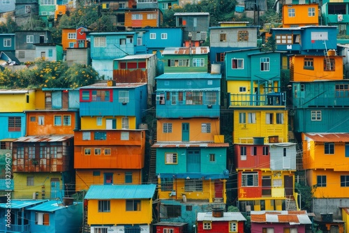 Hillside Shantytown, Vibrant stacked houses on a hillside, Urban Architecture photo