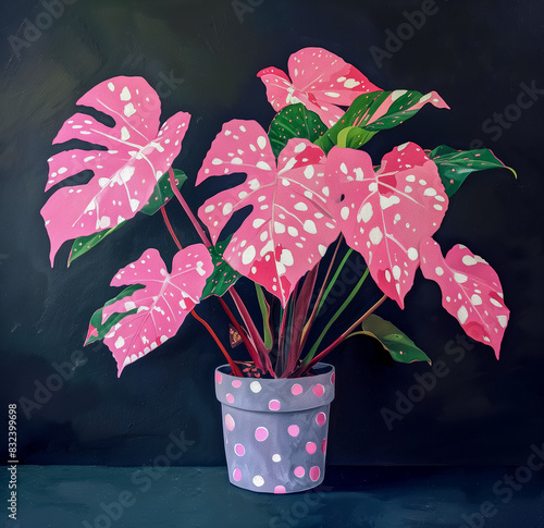 A rare variegated plant. Tropical leaves. Pink Monstera