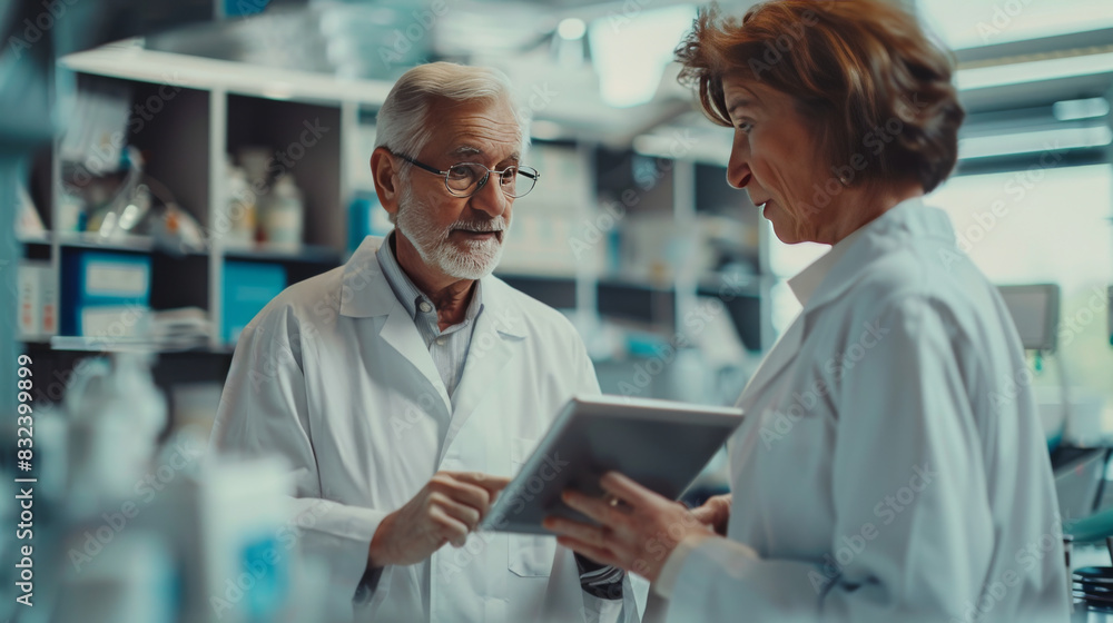 A senior scientist in a lab coat discusses research findings with a colleague in a laboratory setting. A senior scientist in a lab coat discusses research findings with a colleague in a laboratory setting.