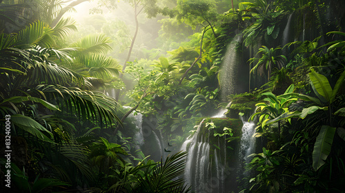 A lush jungle with a waterfall in the foreground