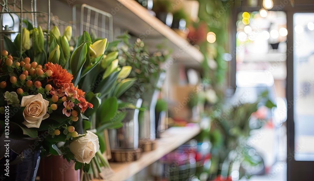 close-up of flower bouquet and shelves