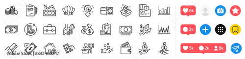 Auction, Payment methods and Card line icons pack. Social media icons. Donation money, Sale, Crown web icon. Rise price, Discount, Change money pictogram. Clipboard, Portfolio, Coins bags. Vector