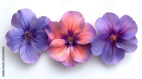 Creative layout of various pink and purple flowers on a white background. Banner with flat delicate pansies with space for text