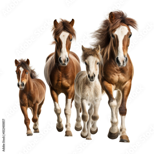 Horses with foals isolated on transparent or white background