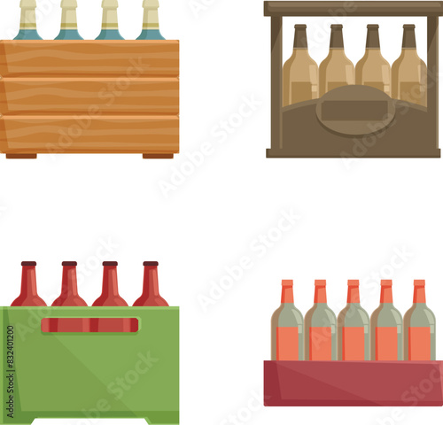 Collection of different styled beer bottle crates and carriers in a flat design