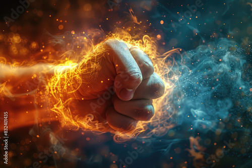 Hyper realistic photo of a fist punching through a glowing dimensional portal, side view, advanced tone, vivid colors photo