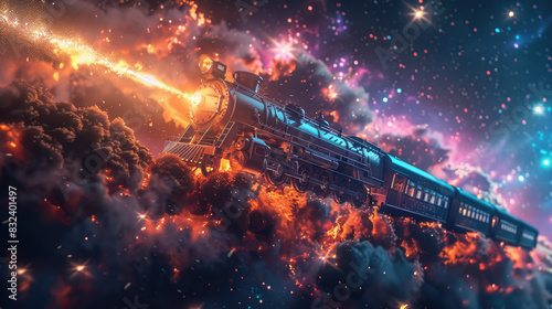 Hyper realistic photo of a futuristic train gliding through the stars with the Milky Way, top view, futuristic tone, Triadic Color Scheme photo