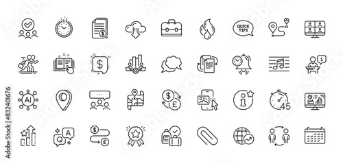 Musical note, Bureaucracy and Map line icons pack. AI, Question and Answer, Map pin icons. Financial documents, Analytics graph, Ranking star web icon. Podium, Teamwork chart, Timer pictogram. Vector photo