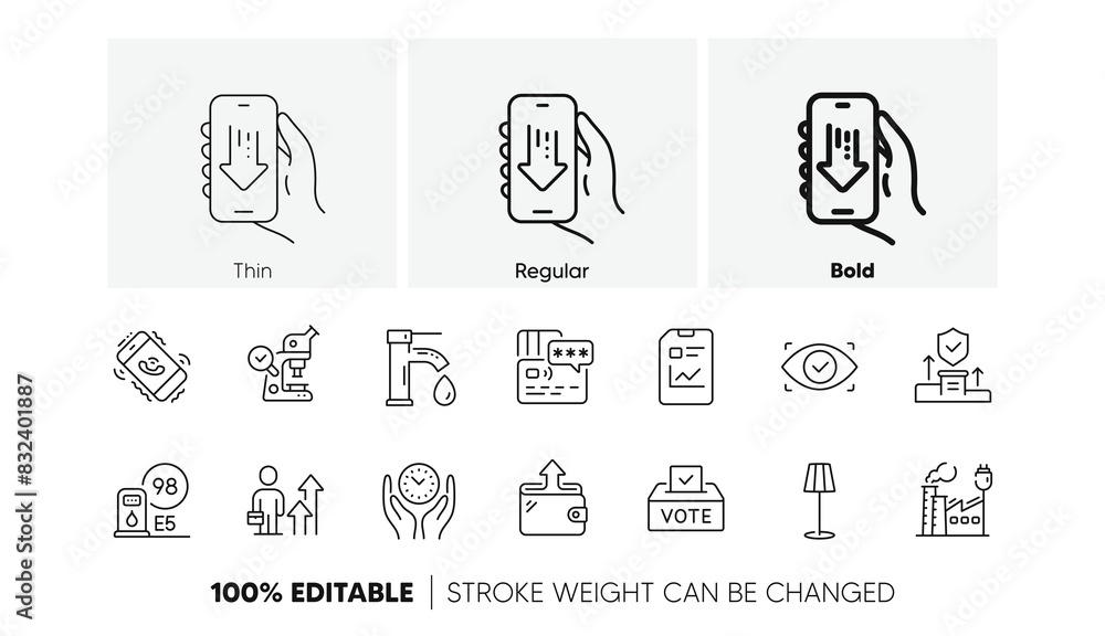 Call center, Floor lamp and Wallet line icons. Pack of Download app, Biometric eye, Safe time icon. Security agency, Microscope, Vote box pictogram. Card, Tap water, Report document. Vector Call center, Floor lamp and Wallet line icons. Pack of Download app, Biometric eye, Safe time icon. Security agency, Microscope, Vote box pictogram. Card, Tap water, Report document. Vector