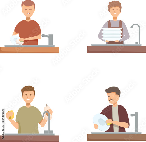 Illustration collection showing men washing dishes, cooking, and cleaning in the kitchen
