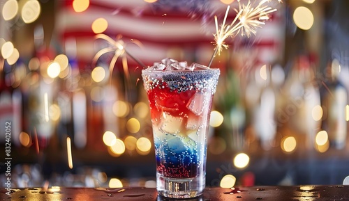 Festive 4th of July cocktail with red, white, and blue layers, American flag backdrop, sparkling fireworks