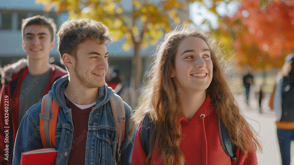 Two smiling students are walking and chatting on a sunny autumn day on their university campus Two smiling students are walking and chatting on a sunny autumn day on their university campus