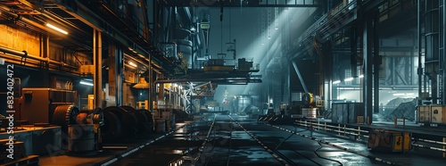 High-tech mining rigs in vast, industrial settings with a moody, atmospheric lighting.