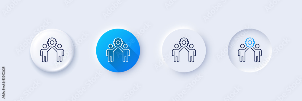 Employees teamwork line icon. Neumorphic, Blue gradient, 3d pin buttons. Collaboration sign. Development partners symbol. Line icons. Neumorphic buttons with outline signs. Vector Employees teamwork line icon. Neumorphic, Blue gradient, 3d pin buttons. Collaboration sign. Development partners symbol. Line icons. Neumorphic buttons with outline signs. Vector
