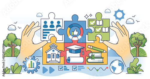 Big data in education for information collection outline hands concept. Gathering knowledge about e-learning, literature and scientific researches vector illustration. Connecting statistics software.