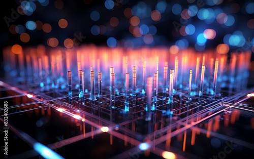 Abstract visualization of quantum computing using glowing fiber optics for qubits and quantum states in a wireframe design selective focus photo