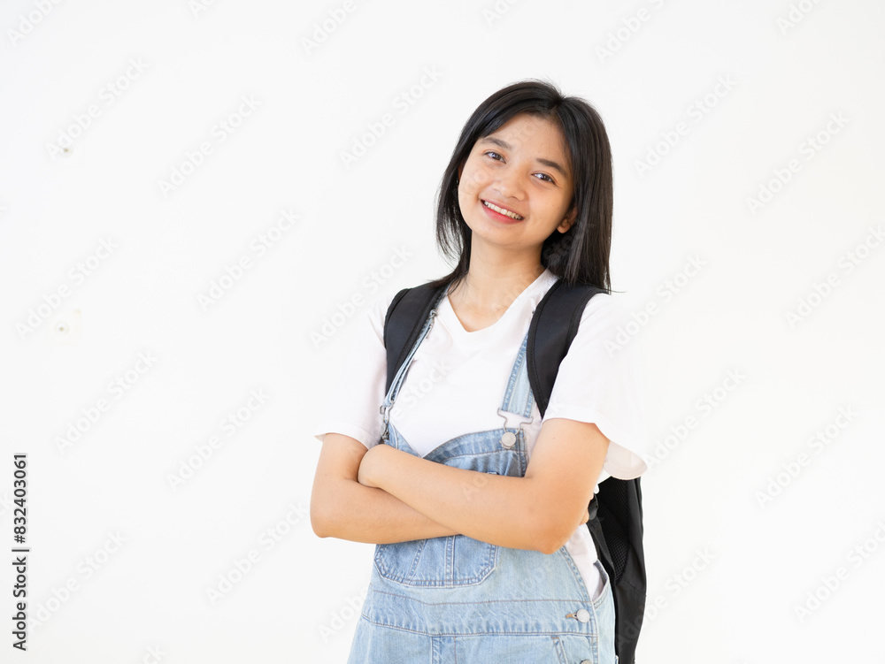 Happy student young girl on white background, back to school. Happy student young girl on white background, back to school.