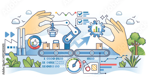 Big data in manufacturing for effective production outline hands concept. Gathering information and analyzing statistics for productive factory automation vector illustration. Business development.