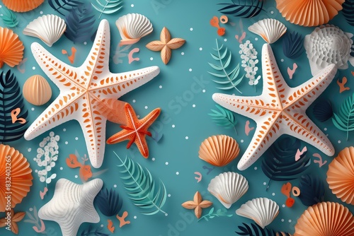 The photo shows a variety of seashells and starfish arranged on a blue background