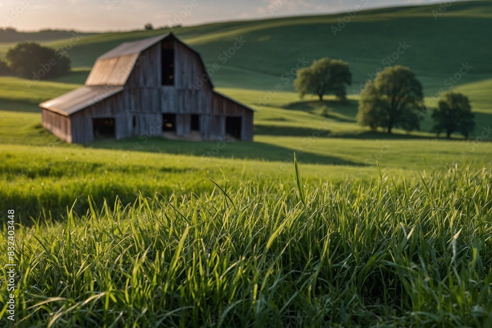 Old barn in the field with rolling green hills in the background Old barn in the field with rolling green hills in the background