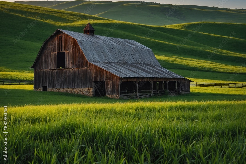 Old barn in the field with rolling green hills in the background Old barn in the field with rolling green hills in the background